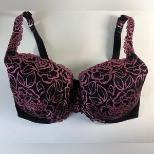 Change Rose Floral Black and Pink Embroidered Lace Bra Women's Size 34J NEW